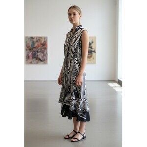 Samuel Dong Dress Sleeveless Zip Front Bubble Hem Abstract Print Black White Art